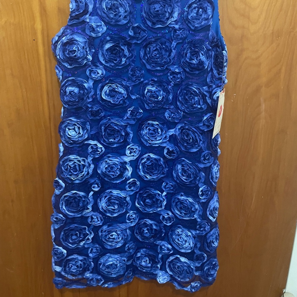 Mini Blue Dress with Raised Pattern Flowers and Shiny Sequins